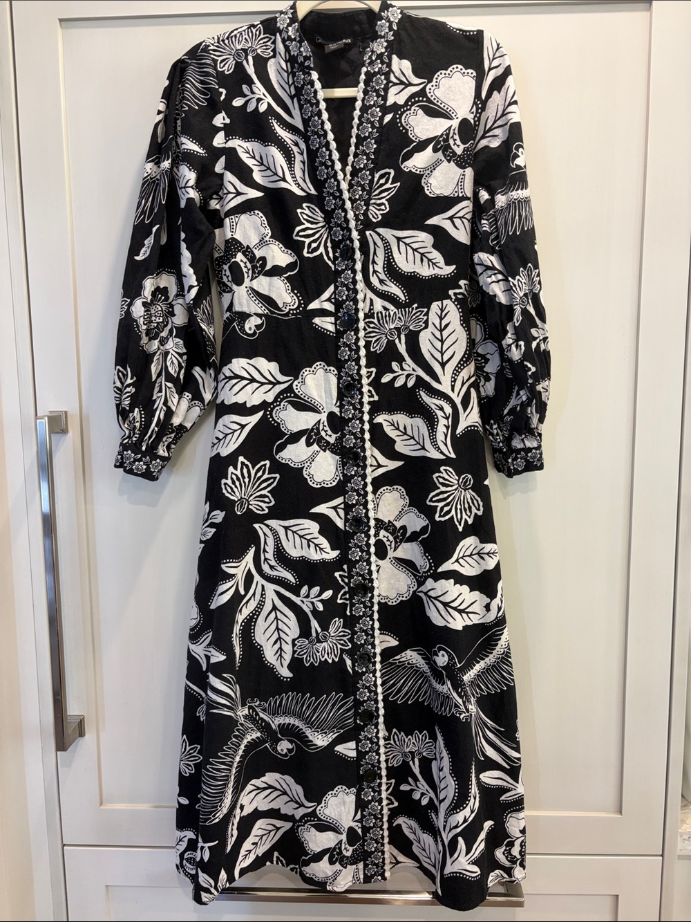 Christian Lacroix Black and White Floral 55% Linen Midi Button Front Shirt Dress